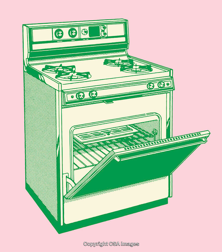 Retro Green Stove Illustration on Pink Background with Open Door