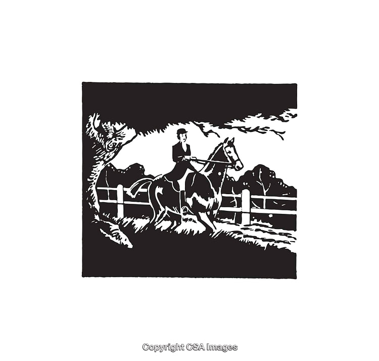 Equestrian Rider in Scenic Countryside Line Art Illustration