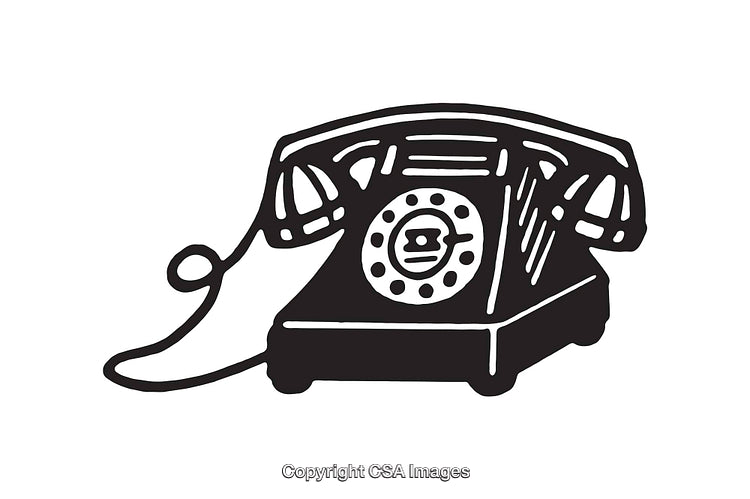 Vintage Rotary Dial Telephone Illustration in Black and White Line Art Style