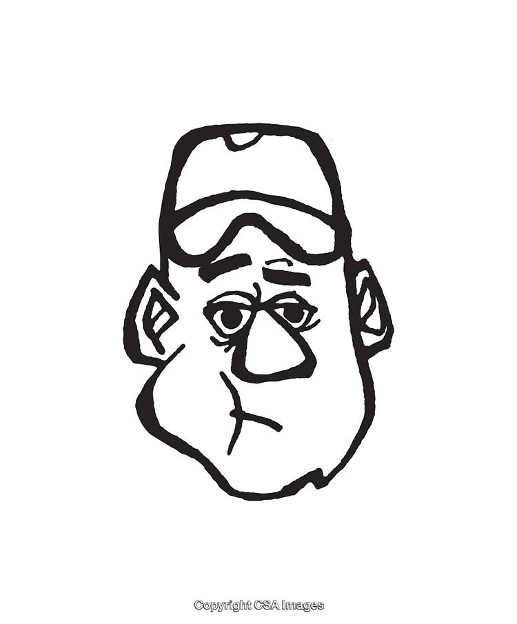 Black and White Cartoon Illustration of a Pensive Man in a Cap