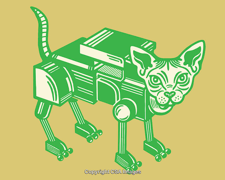 Green Robotic Cat Illustration in Modern Abstract Style