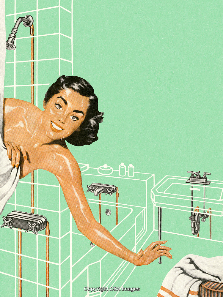 Retro Woman in Bathroom with Vintage Style and Artistic Flair