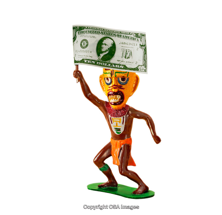 Vibrant Plastic Figurine Holding a Dollar Bill Display