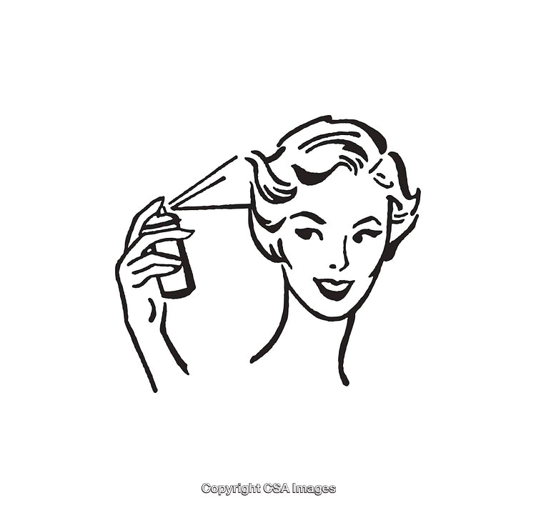 Stylish Woman Applying Hairspray in Black and White Line Art Illustration