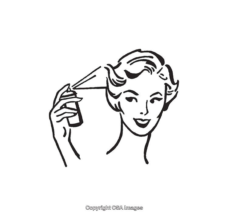 Stylish Woman Applying Hairspray in Black and White Line Art Illustration