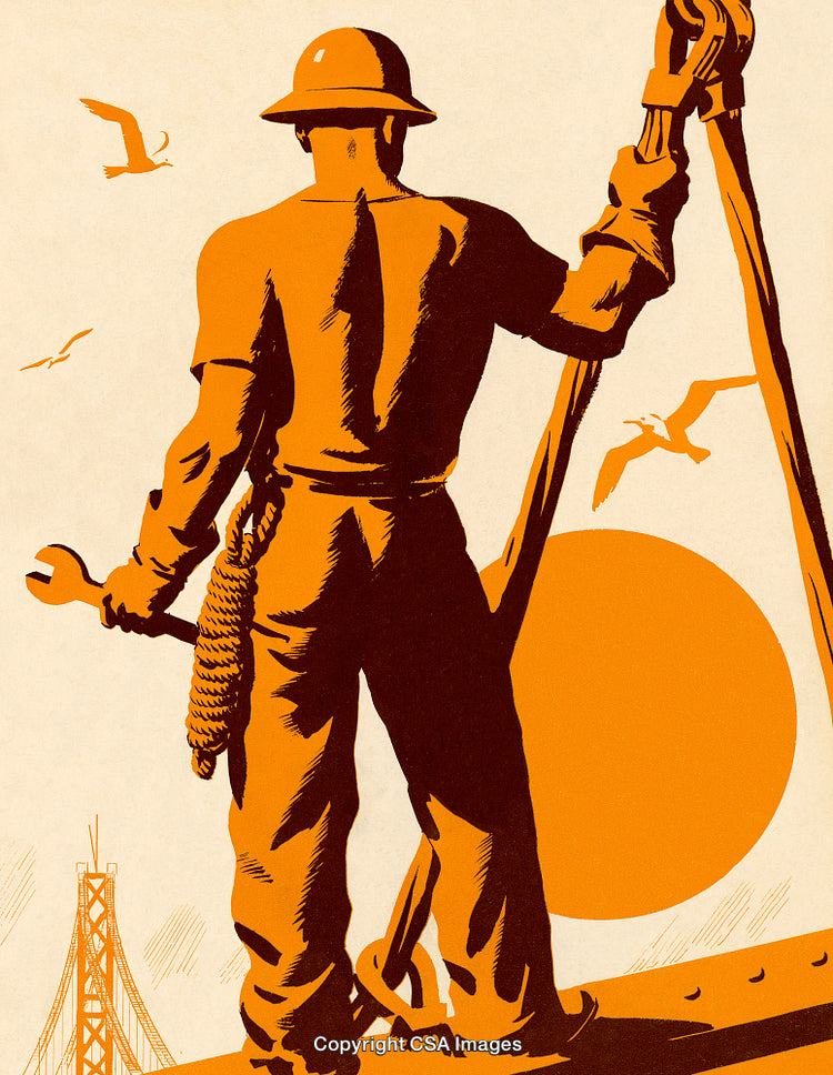 Construction Worker Overseeing City Skyline at Sunset in Vintage Style Illustration