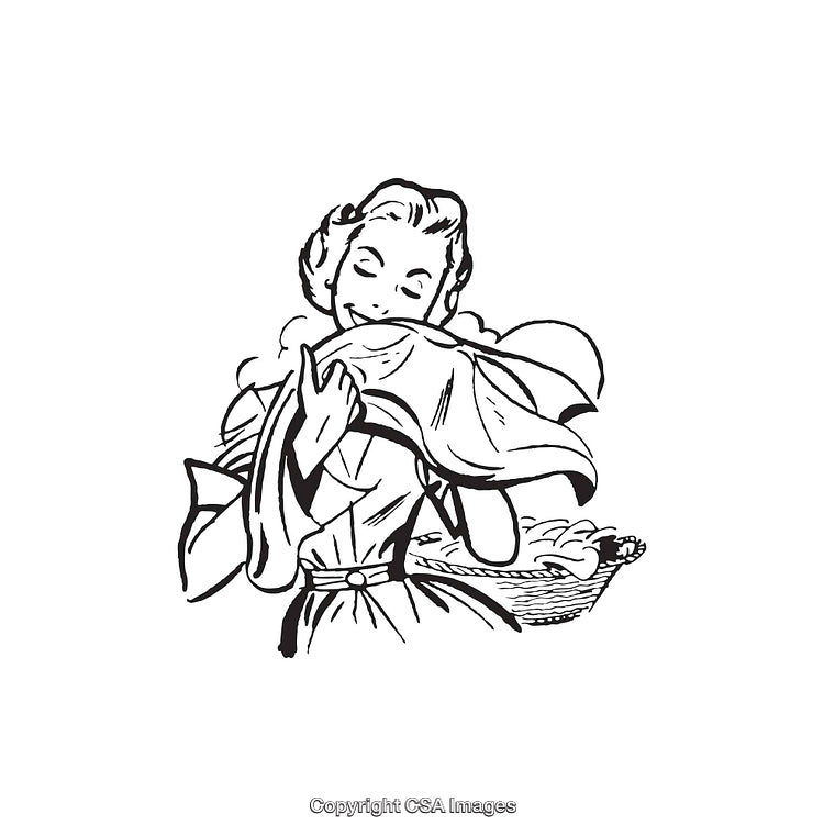 Vintage Black and White Line Art of Woman Enjoying Fresh Laundry