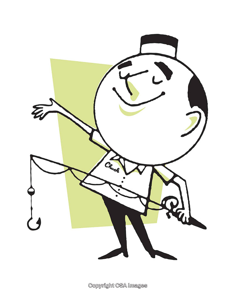 Playful Cartoon Figure Illustration With Fishing Theme in Retro Style