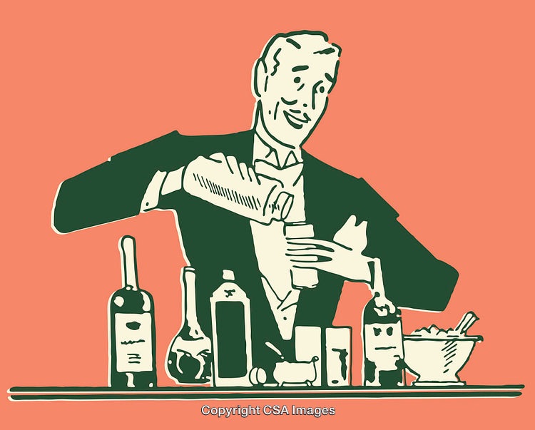 Vintage Illustration of a Bartender Mixing Drinks with Bottles and Shaker