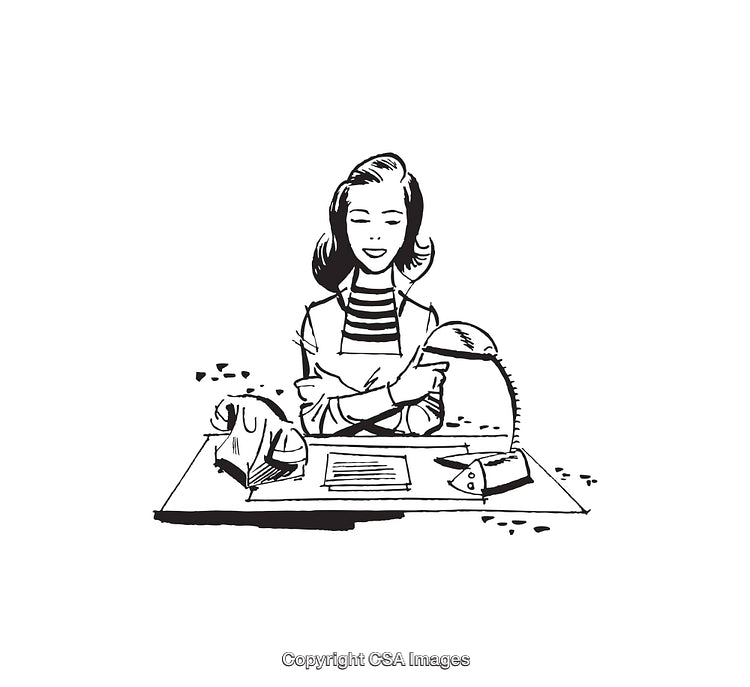 Vintage Black and White Illustration of a Woman at Her Desk