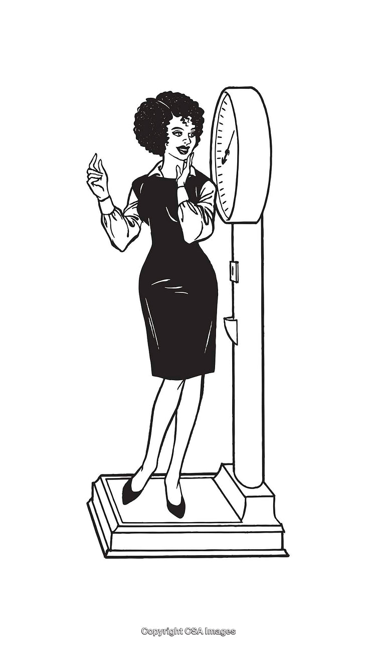 Black and White Line Art of Woman Standing on a Scale
