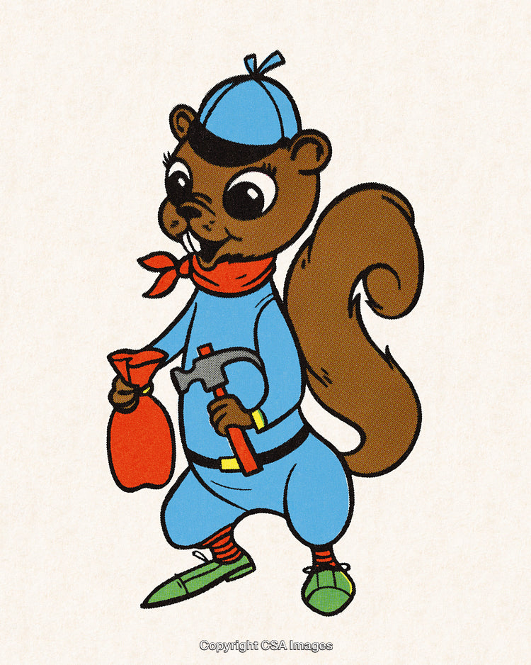 Cartoon Squirrel Character in Blue Outfit Holding Objects Standing Confidently