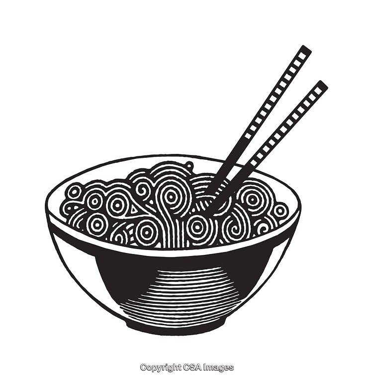 Black and White Line Art Illustration of a Bowl of Noodles