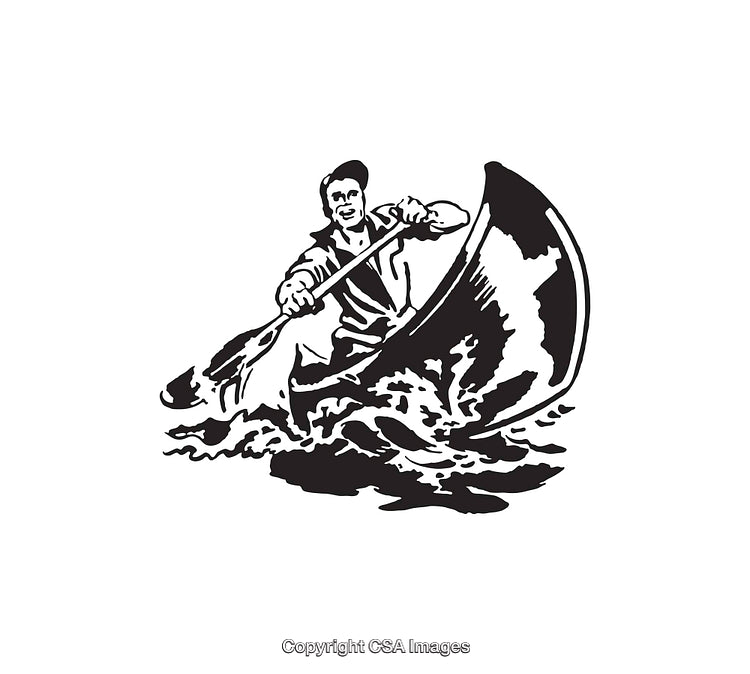 Black and White Illustration of Man Canoeing in Rapids