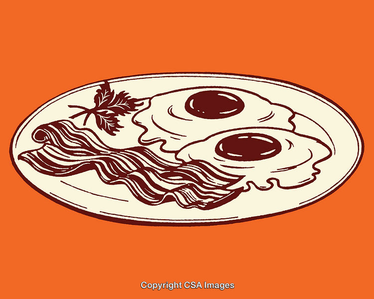 Color Line Art of Delicious Breakfast Eggs, Bacon, and Garnish on a Plate