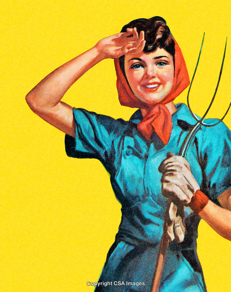 Vintage Illustration of a Smiling Farm Woman Holding a Pitchfork