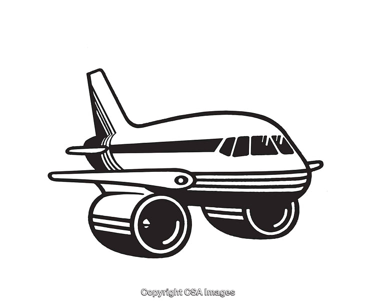 Cartoon Jet Airplane Black and White Icon Illustration