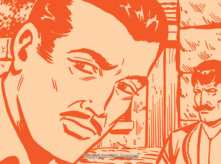 Stylized Illustration of Two Men in Dramatic Encounter in Retro Style