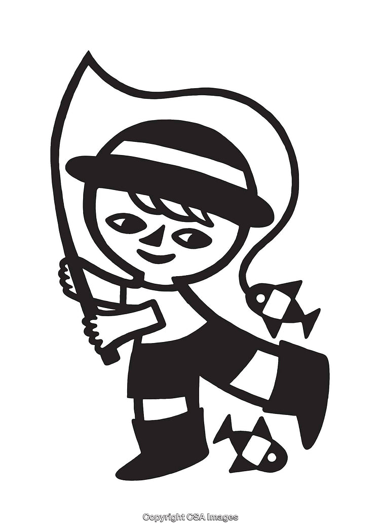 Black and White Illustration of a Happy Young Fisher with Catch
