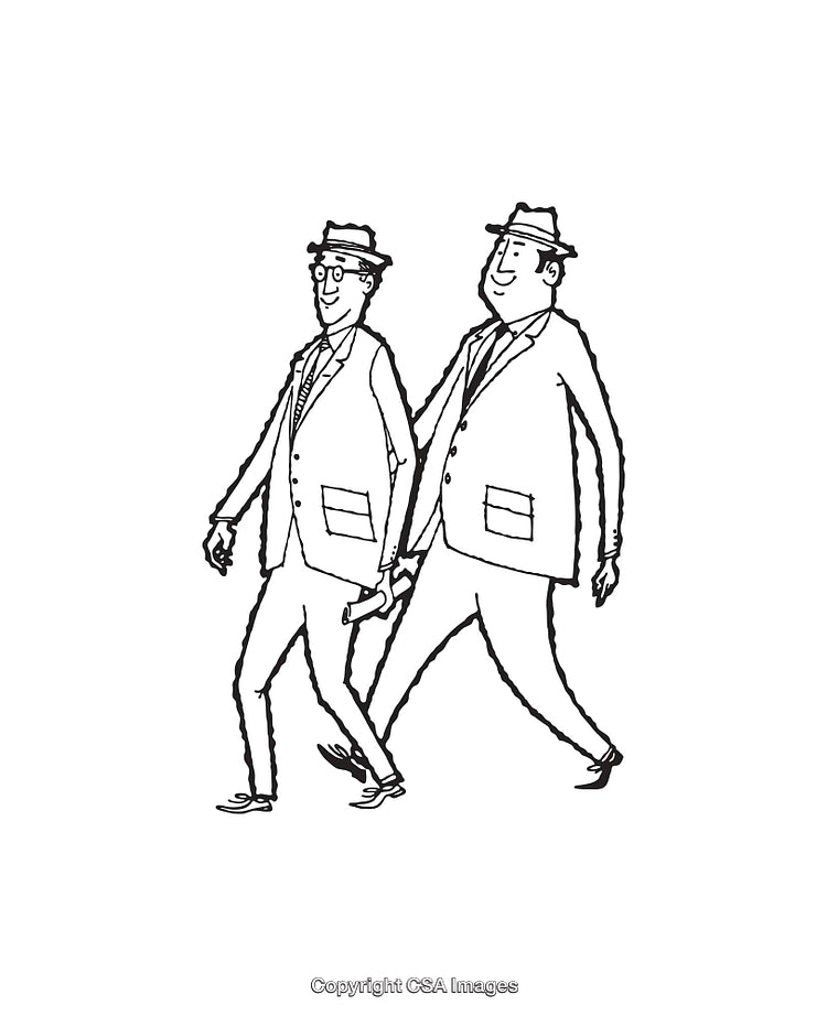 Vintage-Style Illustration of Two Men Walking in Suits with Hats