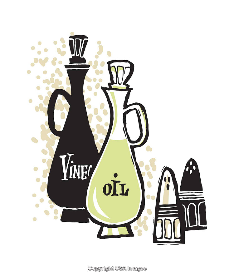 Illustration of Vinegar and Oil Bottles with Salt and Pepper Shakers