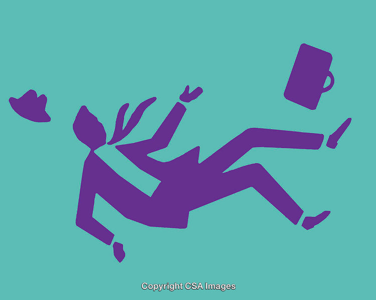 Colorful Illustration of Businessperson Falling with Hat and Briefcase Flying