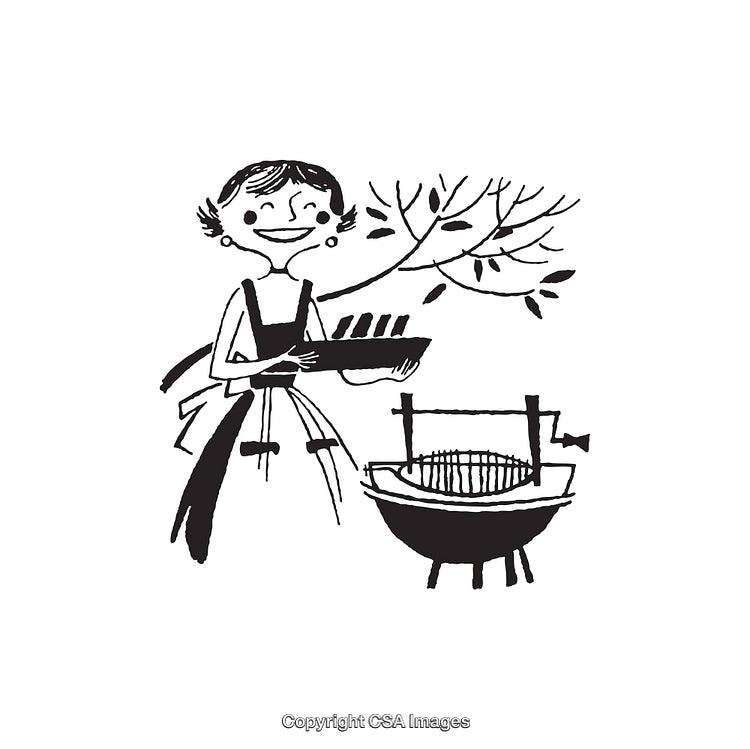 Vintage Illustration of Woman Barbecuing in Black and White Line Art Style