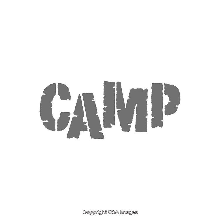 Rustic Stencil Style Gray CAMP Text Design on White Background