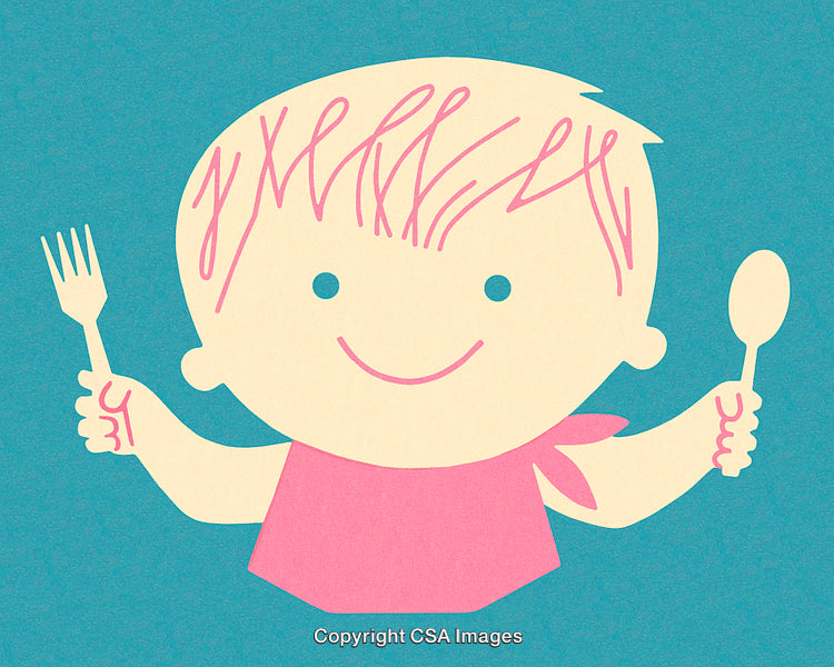 Cartoon Child with Fork and Spoon on Vibrant Blue Background