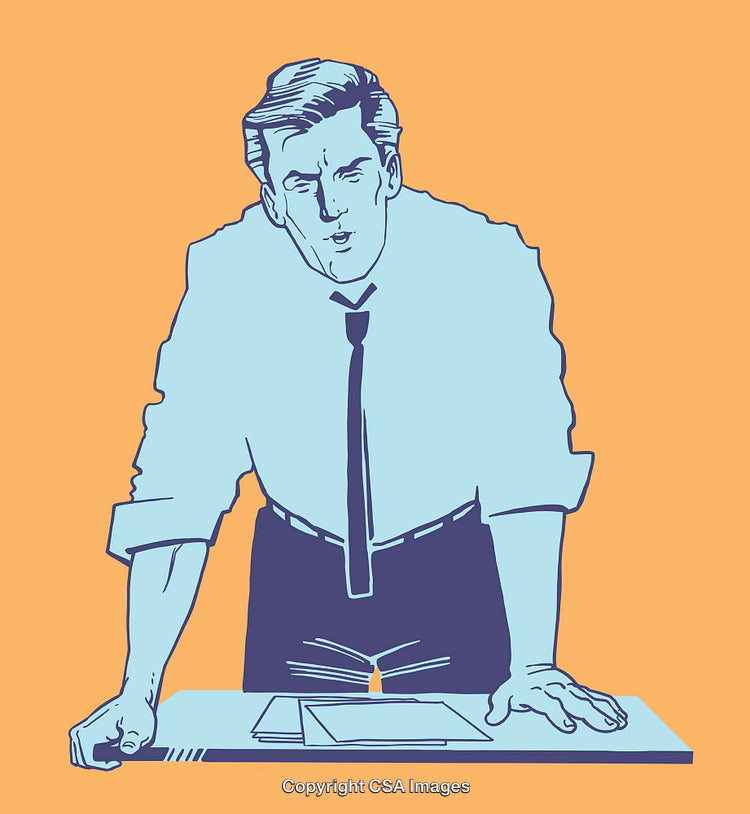 Focused Professional in Business Attire Leaning on Desk in Colored Illustration