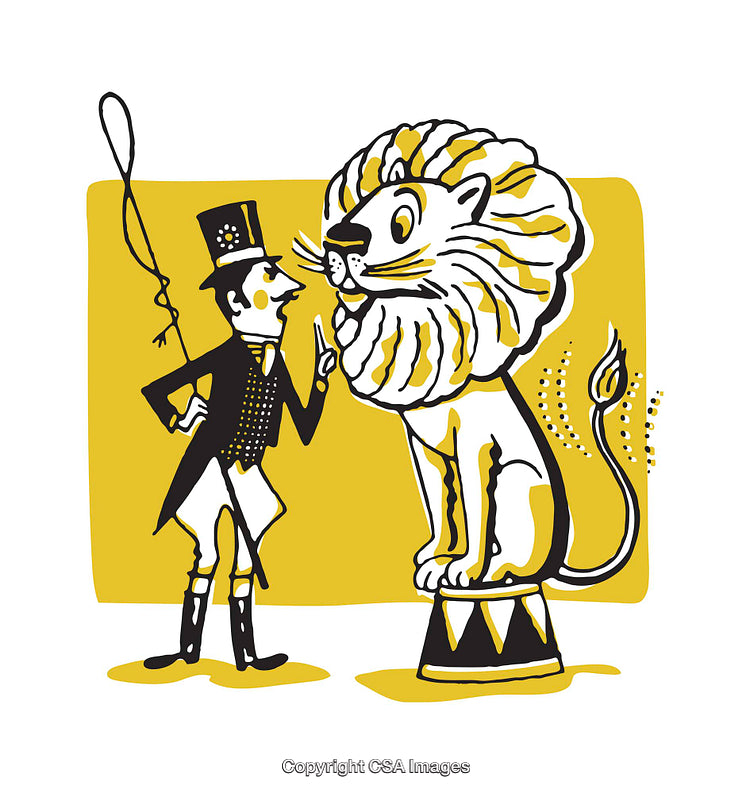 Circus Trainer Interacting with a Lion on a Pedestal Illustration