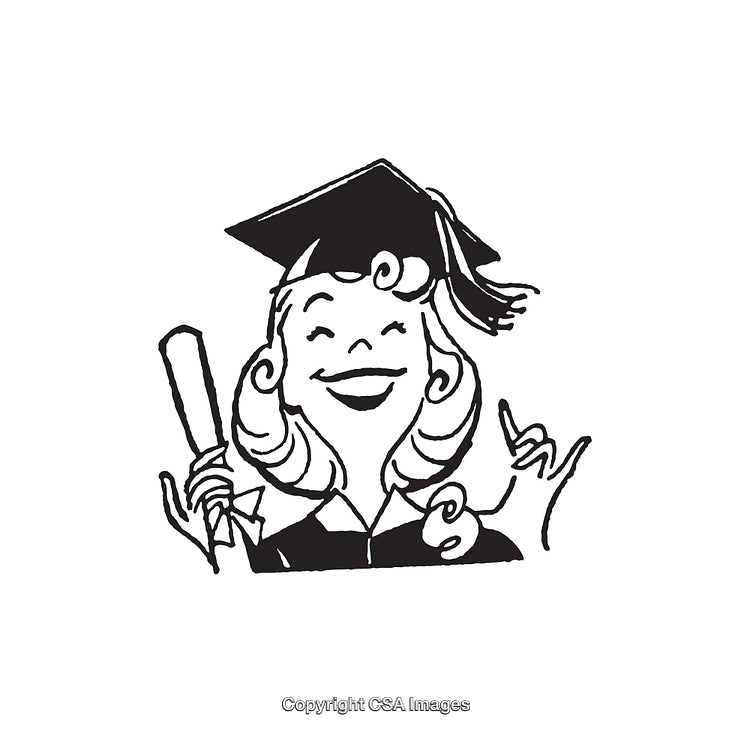 Happy Graduate Holding Diploma in Black and White Line Art Illustration