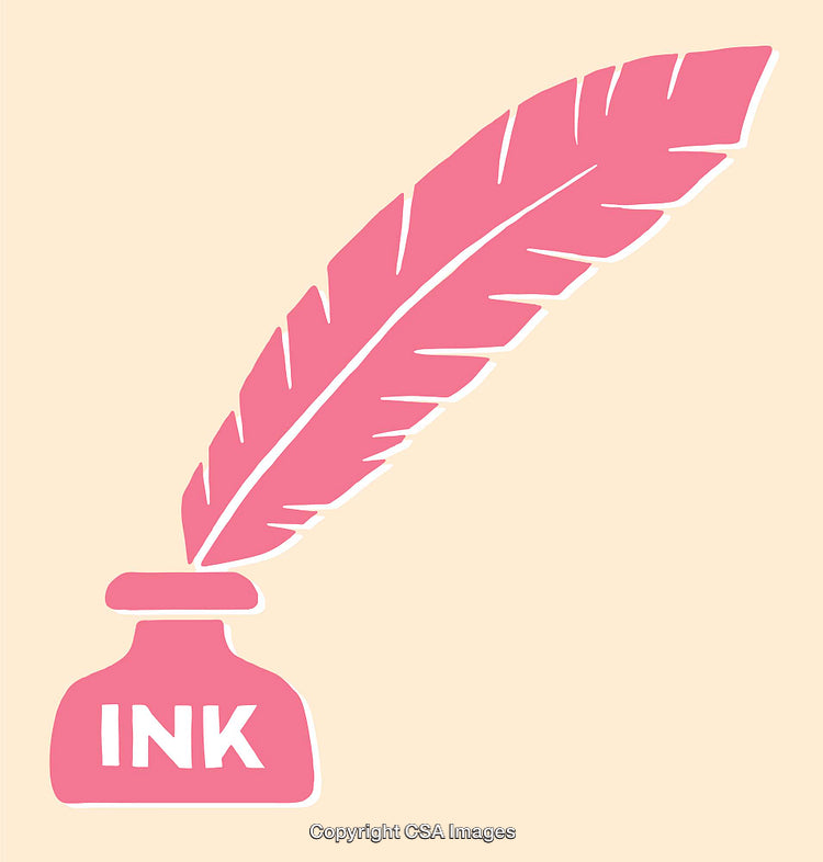 Pink Ink Bottle With Feather Quill on Light Background