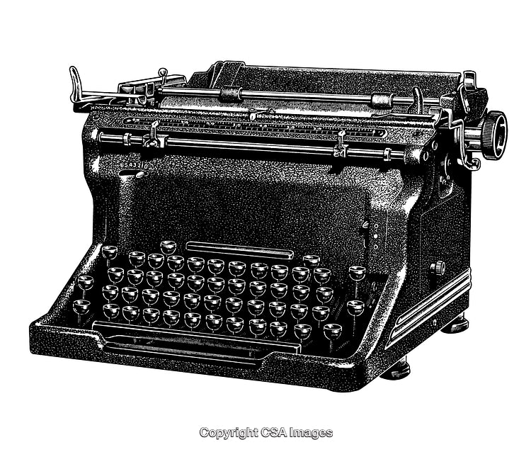Detailed Black and White Engraving of a Vintage Typewriter