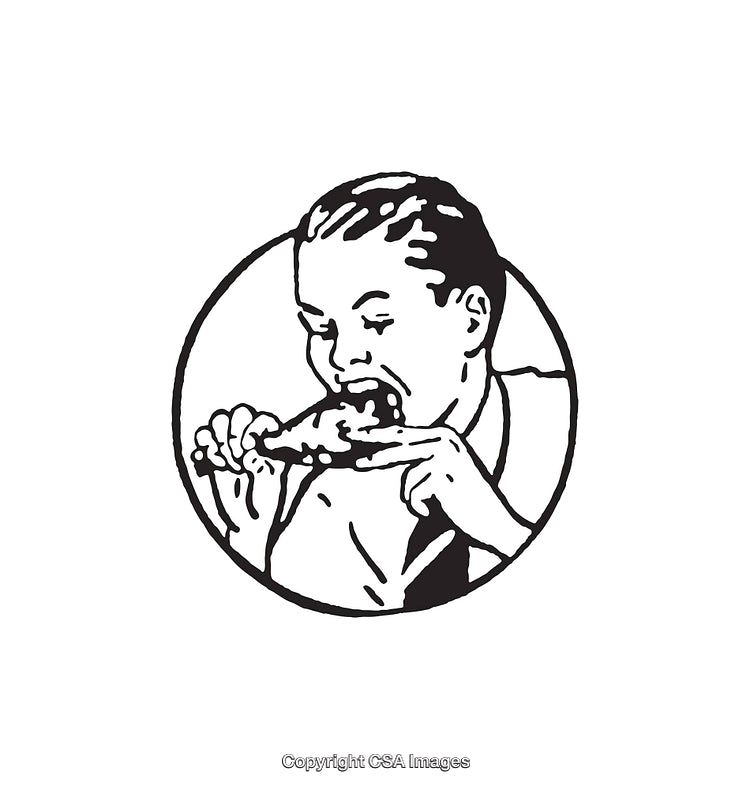 Retro Illustration of Man Enjoying Fried Chicken in Black and White