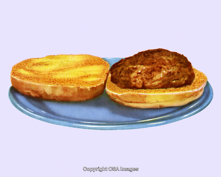 Open Burger with Patty and Bun on Blue Plate, Vintage Style Art