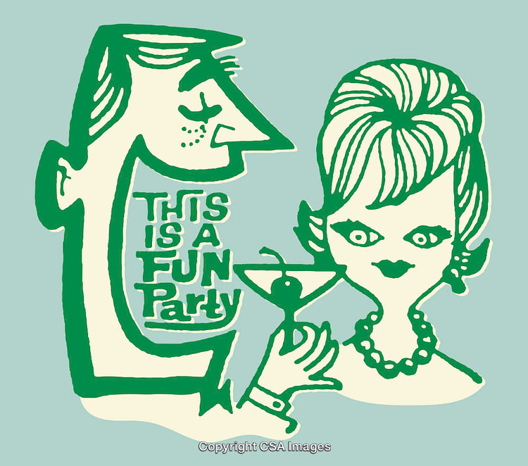 Retro Party Illustration Featuring Cartoon Characters and Fun Elements