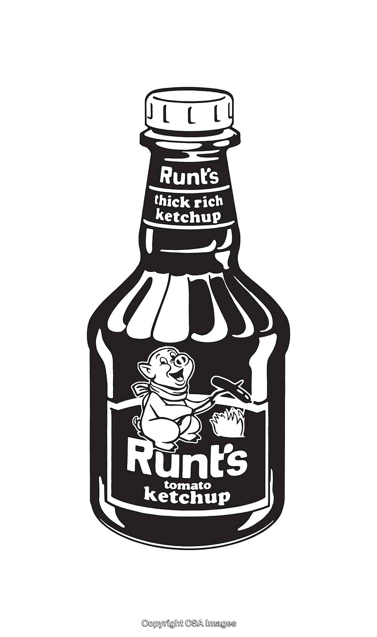 Black and White Cartoon Illustration of a Tomato Ketchup Bottle Label Design