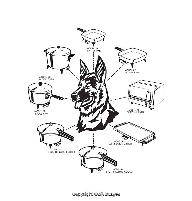 Black and White Illustrations of Cookware and German Shepherd Art
