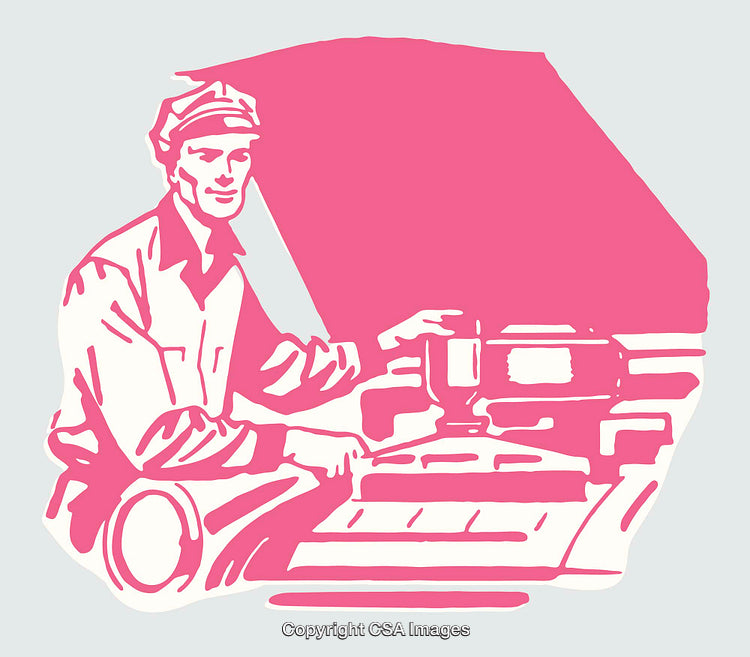Vintage Industrial Worker Operating Printing Equipment in Line Art Style