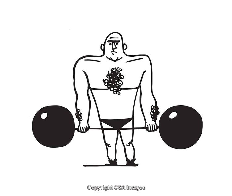 Cartoon Strongman Lifting Heavy Barbell in Black and White Line Art