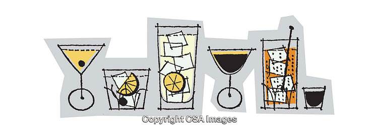 Stylized Illustration of Assorted Cocktail Glasses with Vibrant Artistic Flair