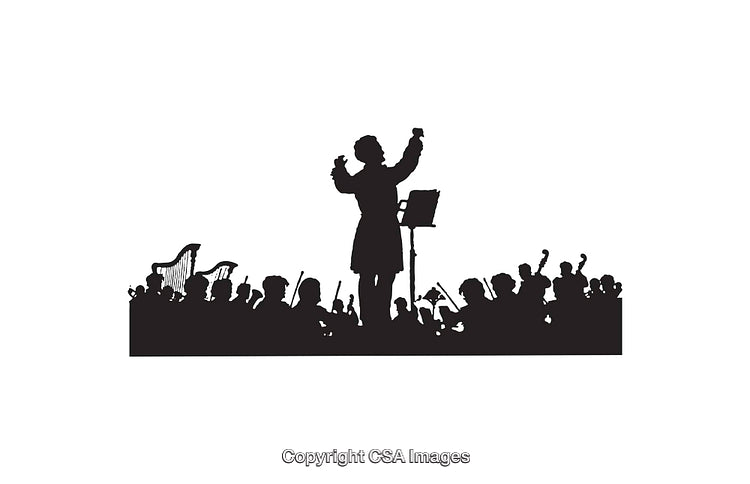 Silhouette of an Orchestra Conductor and Musicians in Performance