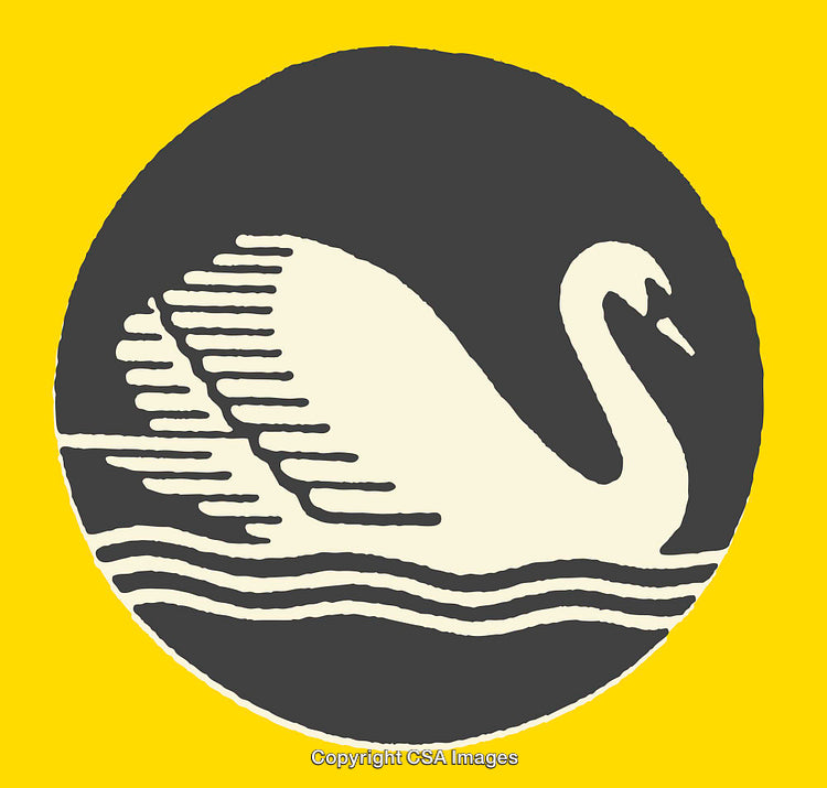 Stylized Swan Illustration in Circular Frame on Yellow Background