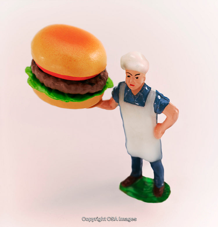 Miniature Plastic Chef Holding Large Burger on Display