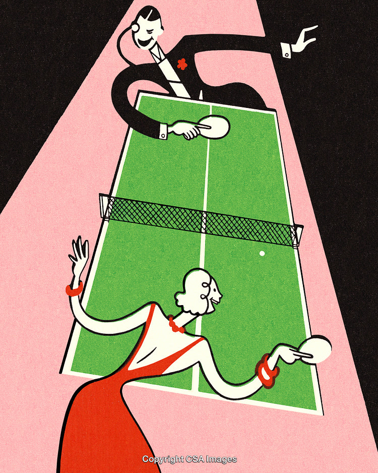 Vintage Style Illustration of Two People Playing Table Tennis