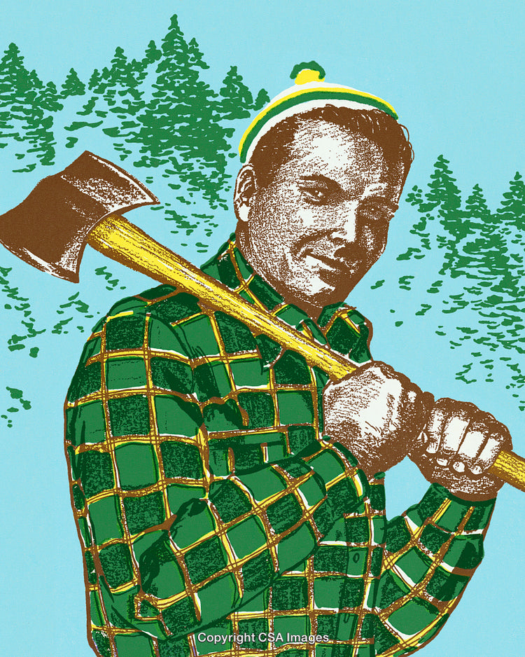 Retro Lumberjack Illustration with Axe in Forest Setting