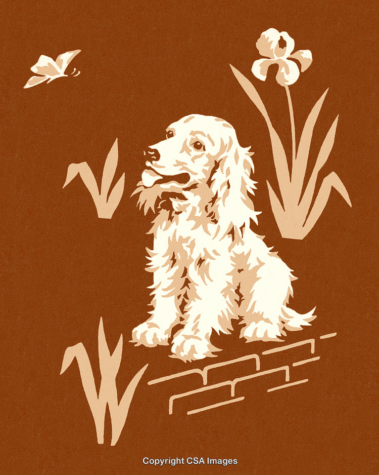 Retro Illustration of a Dog With Nature Elements in a Rustic Setting