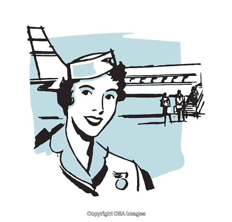 Retro Styled Illustration of Flight Attendant and Airplane Scene