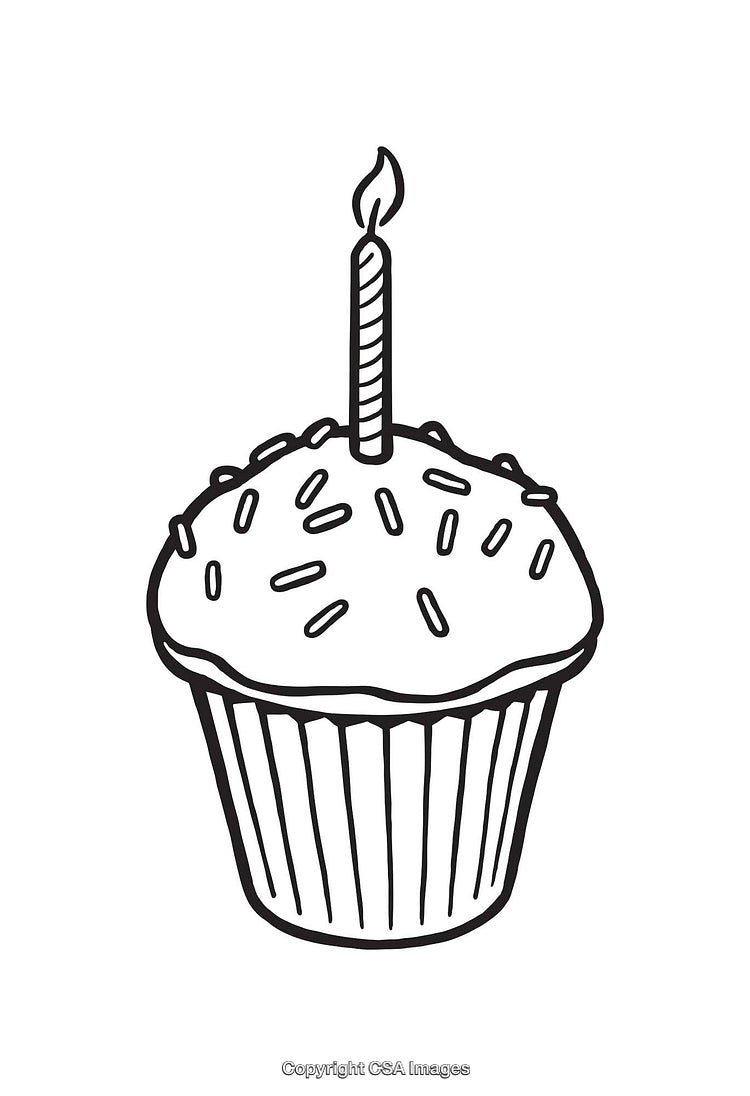 Black and White Cupcake Illustration with a Lit Candle on Top